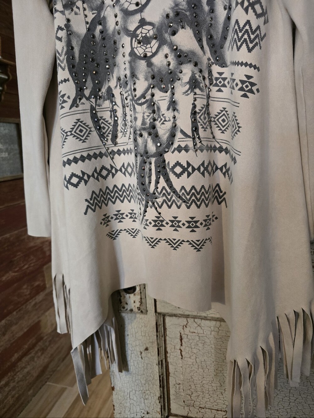 Vocal Western Fringe Rhinestone Suede Like Long Sleeve Top Shirt Sz Large - Picture 2 of 6